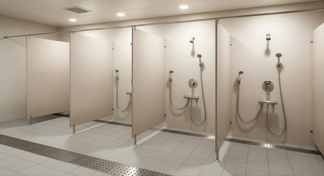 Row of clean modern shower stalls with chrome fixtures and partitions, suitable for gyms, spas, or public facilities, providing a sense of privacy