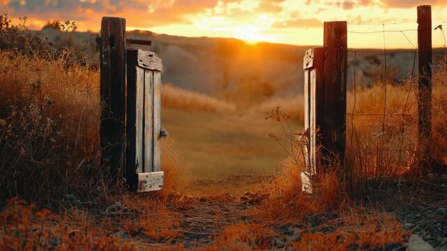 Video A rustic wooden gate surrounded by lush greenery, set against a vibrant orange and pink sunset backdrop