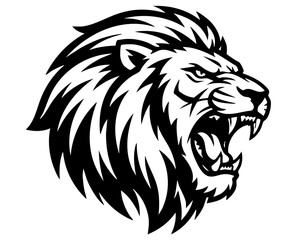Obraz premium A black and white illustration of a roaring lion's head, showcasing its open mouth and mane.