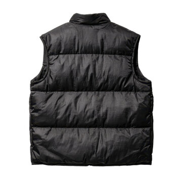 Black puffer vest back view with evenly aligned quilted sections, clean armholes and hem, and matte fabric with soft highlights isolated on transparent background.