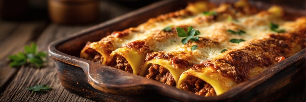 Hearty meat lasagna cannelloni baking in rustic dish