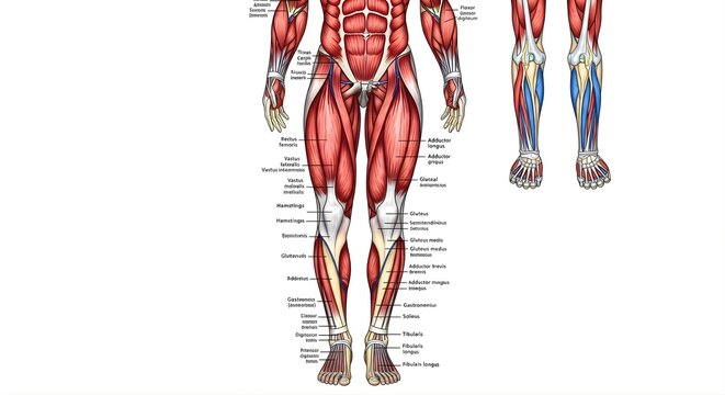Comprehensive anatomical chart illustrating human leg muscles and bones, with detailed labels for various muscle groups and skeletal structures