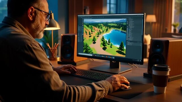 Middle-aged game developer designing a low poly 3D landscape level on a monitor in a warm home office, illustrating creative level design and digital art production.