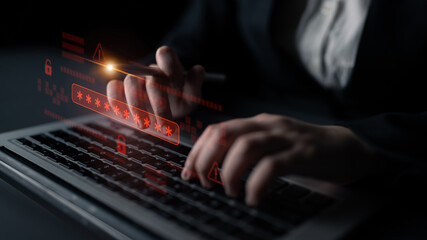 Password security breach warning with red asterisk box, cybersecurity alert, lock icons, and critical vulnerability signals in digital system access Latch