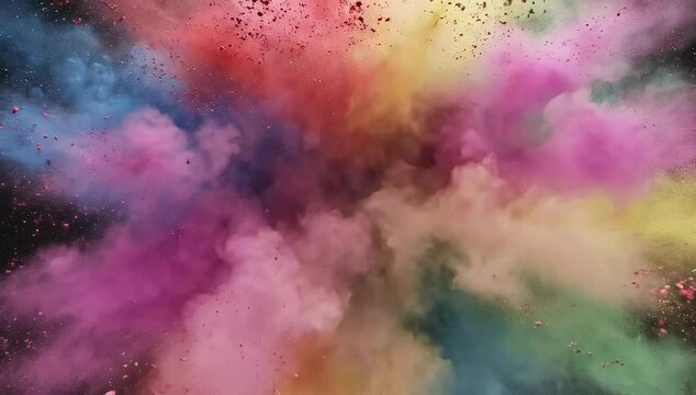 Vibrant sphere of multi-colored powder exploding into a cloud on black background, 4K slow motion Holi festival gulal burst for abstract video backgrounds and effects.