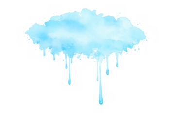 Watercolor cloud shape with blue paint dripping, creating an abstract wet weather and rain concept, transparent background