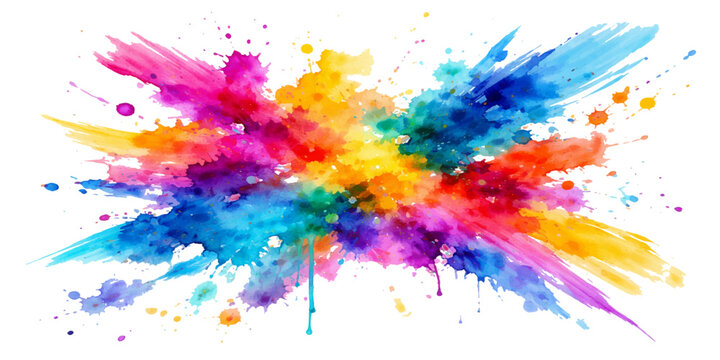 An artistic abstract watercolor background featuring colorful ink splashes and a rainbow paint splatter texture with grunge brush strokes on a decorative paper element