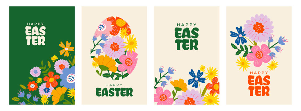 Cute Easter vertical banners set with colorful spring flowers in playful folk art style. Festive floral vector designs perfect for holiday posters, greeting cards and seasonal promotions.