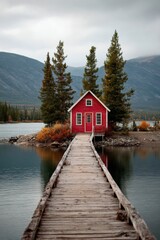 Fototapeta premium A charming red house is nestled on a wooden pier, surrounded by lush trees and majestic mountains, all next to a tranquil lake in the beauty of autumn