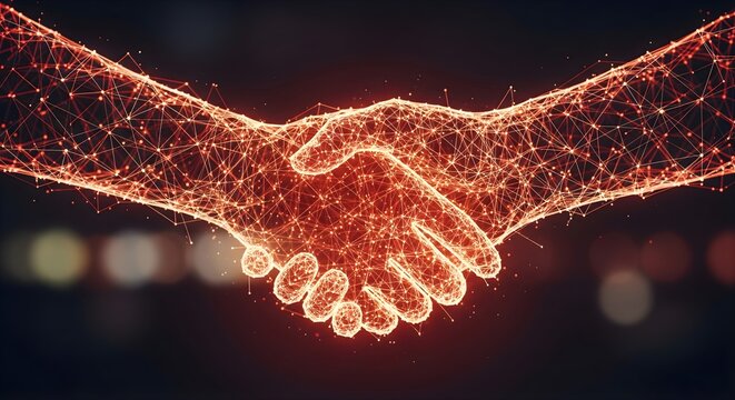 Digital handshake composed of glowing red-orange nodes and lines on dark background symbolizing virtual partnership blockchain agreement and technological collaboration in futuristic networked environ