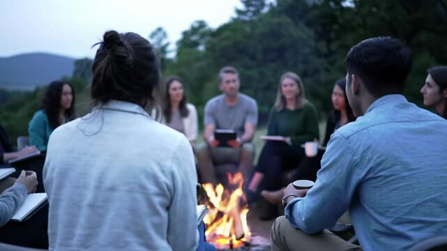 A diverse team of professionals in smart-casual outdoor attire gathers around a campfire at twilight, sharing breakthrough ideas with focus and unified spirit, surrounded by soft-focus mountains and