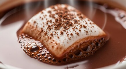 Close-up shot of a fluffy marshmallow with cocoa powder sprinkled on top, floating in a cup of hot chocolate with bubbles