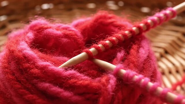 A chaotic but beautiful knot of red and pink yarn threads forming a loose heart.
