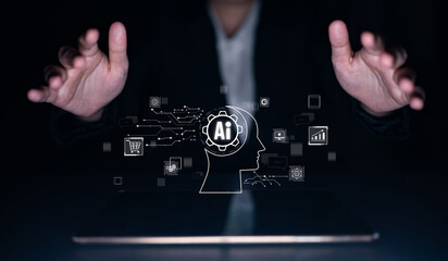 Naklejka premium AI assistant with LLM, big data, machine learning, and generative AI powers prompt engineering and supports agentic AI for advanced business applications. Latch
