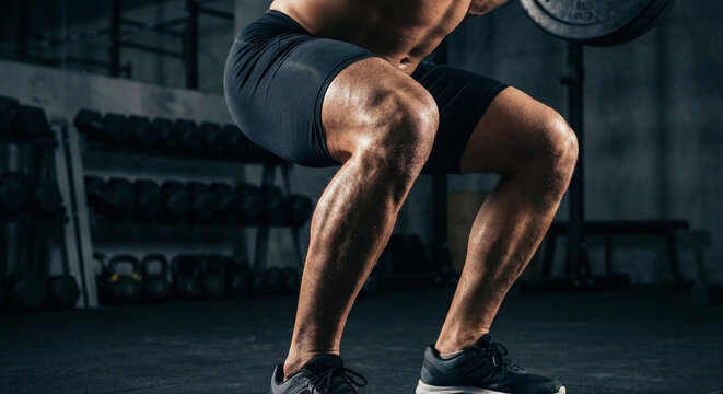 Athlete performing squat exercise in gym

