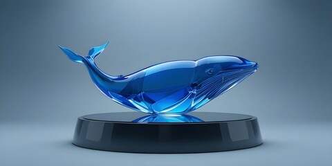 Blue glass whale sculpture on sleek black pedestal