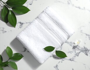 Fresh and Clean - White Towel with Green Leaves on Marble.