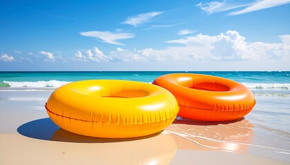 Vibrant beach scene with inflatable rings on the shore.