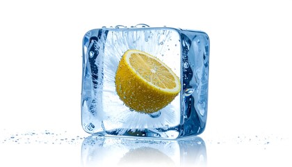 Lemon slice frozen in ice cube on white background.