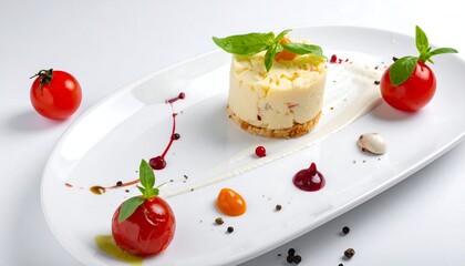 Elegant cheesecake presentation with tomatoes and balsamic glaze.