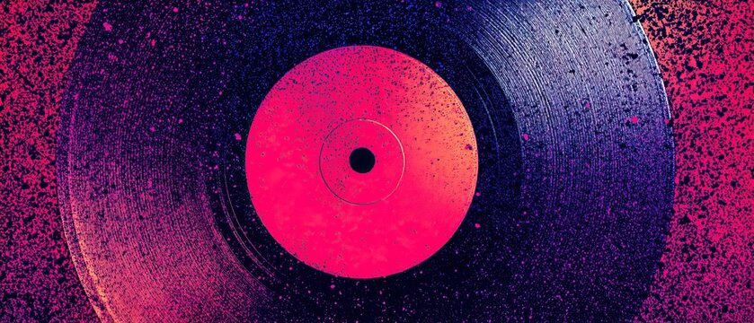 Retro vinyl record with textured neon lighting