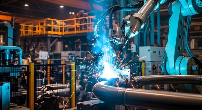 Industrial robotic arm welding metal parts in factory, modern manufacturing, automated production line, heavy industry, automotive assembly, advanced technology, sparks flying during process