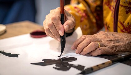 Elderly artist focused on creating traditional Chinese calligraphy.