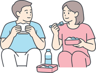 Fototapeta premium Friendly Lunch Break. Two friends sit together sharing lunch during a break, eating calmly and talking quietly, minimalist flat