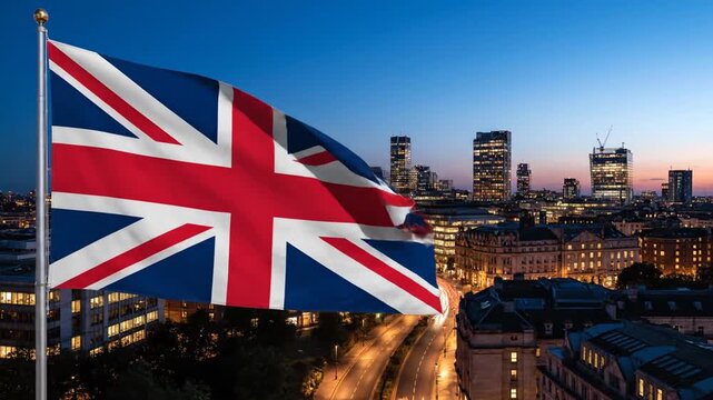 British flag waving against a city skyline at dusk or dawn
