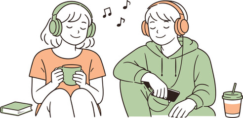 Fototapeta premium Shared Music Moment. Two friends enjoying music through headphones during a quiet break, clean flat line illustration showing calm