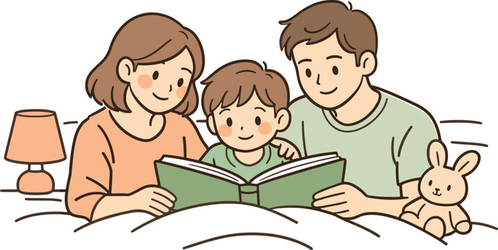 Bedtime Storytime Moment. A mother and father sharing a bedtime story with their child, clean flat line illustration showing