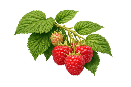 Ripe and unripe raspberries growing on a branch with green leaves, fresh red fruit group on transparent background
