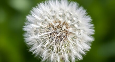 Obraz premium Close-up macro shot of a delicate white dandelion seed head against a blurred green background, showcasing intricate details of nature's beauty