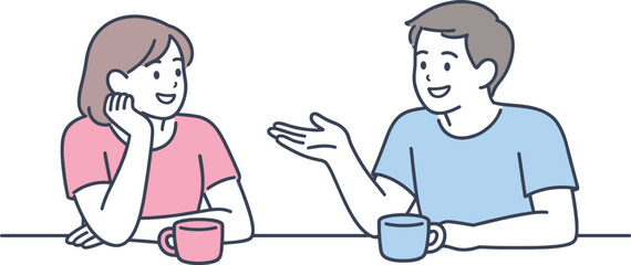 Friendly Conversation Art. Two friends sit at a table smiling and chatting comfortably together Minimalist flat line vector