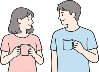 Fototapeta premium Minimalist Couple Talk. Couple stands side by side holding coffee cups and talking quietly Minimalist flat line vector