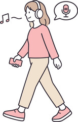 Obraz premium Calm Headphone Walk. Woman walks slowly wearing headphones while listening to a podcast calmly Minimalist flat line vector