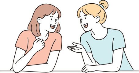 Fototapeta premium Chatting Friends. Two friends lean toward each other smiling and talking during a humorous conversation Minimalist flat line