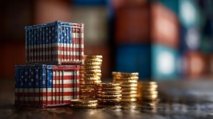 Usa flag shipping containers and growing stacks of gold coins