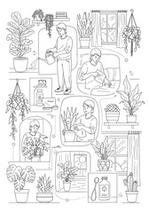 Obraz premium Indoor plant care illustrated in a bright and cheerful setting with various plant activities