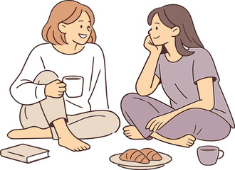 Fototapeta premium Women friendship in everyday life, two women spending time together with relaxed posture and warm smiles in a calm daily moment,