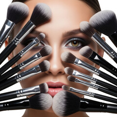 Close up of a woman's face surrounded by makeup brushes for a beauty concept isolated on transparent background