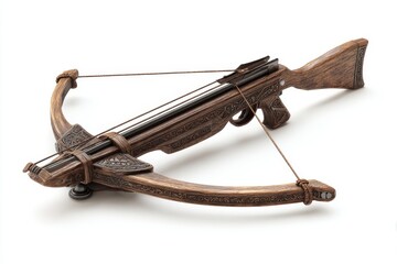 Obraz premium Crossbow Artifact: An antique crossbow lies on a table, showcasing its detailed craftsmanship, designed with aesthetic and historical significance. 