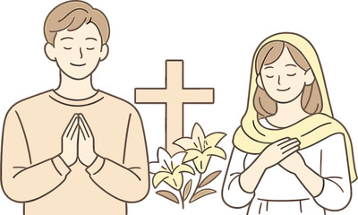 Fototapeta premium Faith centered Easter tradition moment, two people standing calmly with gentle smiles and relaxed posture expressing devotion and
