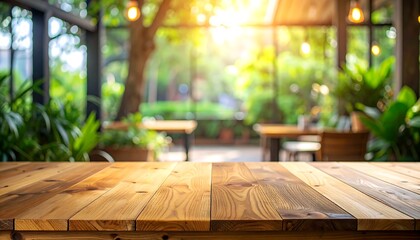 Wooden Table with Blurred Cafe Background and Natural Light.