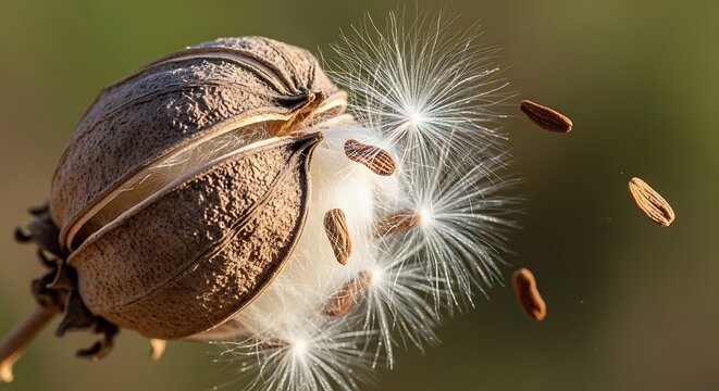 Nature's dispersal mechanism A close-up of a seed pod opening and releasing its feathery seeds into the breeze, showcasing the beauty of plant reproduction