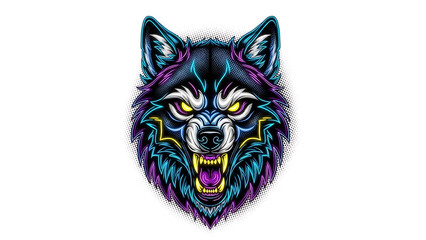 Colorful wolf head with glowing eyes and sharp teeth isolated on a transparent background