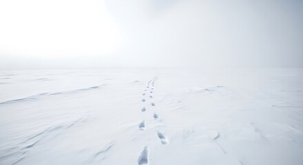 Obraz premium Footprints in the vast, desolate snowscape leading towards a bright, hazy horizon under a cloudy sky