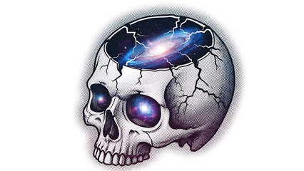 Cracked Skull with Cosmic Galaxy Inside isolated on a transparent background