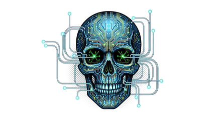 Cyber skull with circuit board and glowing eyes isolated on a transparent background