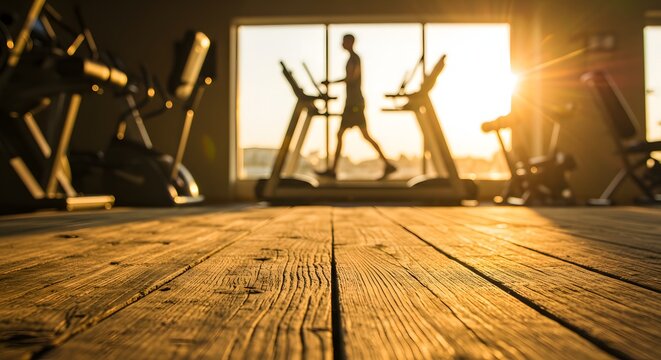 A dimly lit gym interior features a man running on a treadmill at sunset
